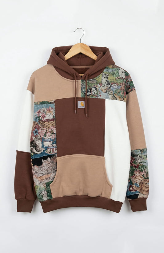 Whimsical Cat Garden 1-of-1 Tapestry Reworked Hoodie